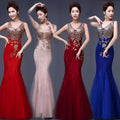 Red gold beaded fish tail banquet evening dress with lace and intricate bead detailing for formal occasions