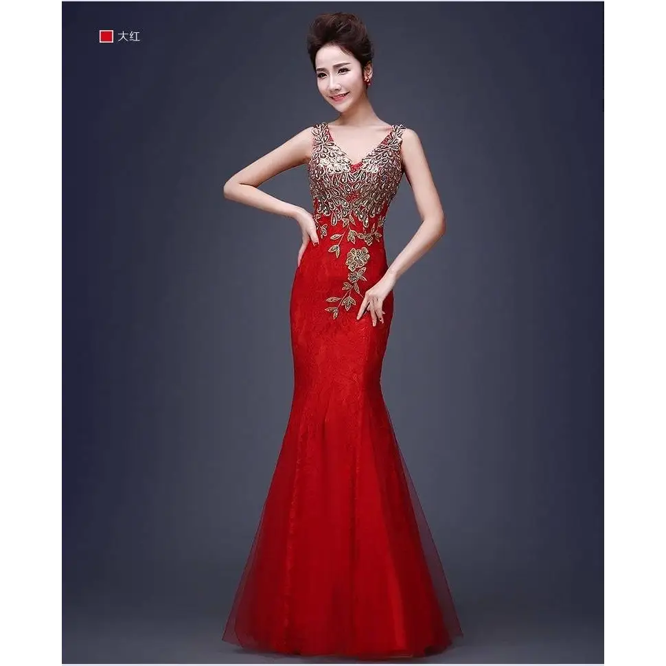 A vibrant red gold beaded fish tail banquet evening dress with intricate embroidery in lace and sheer tulle fabric