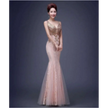 A blush pink fish tail banquet evening dress with red gold beaded lace detailing and sheer tulle overlay