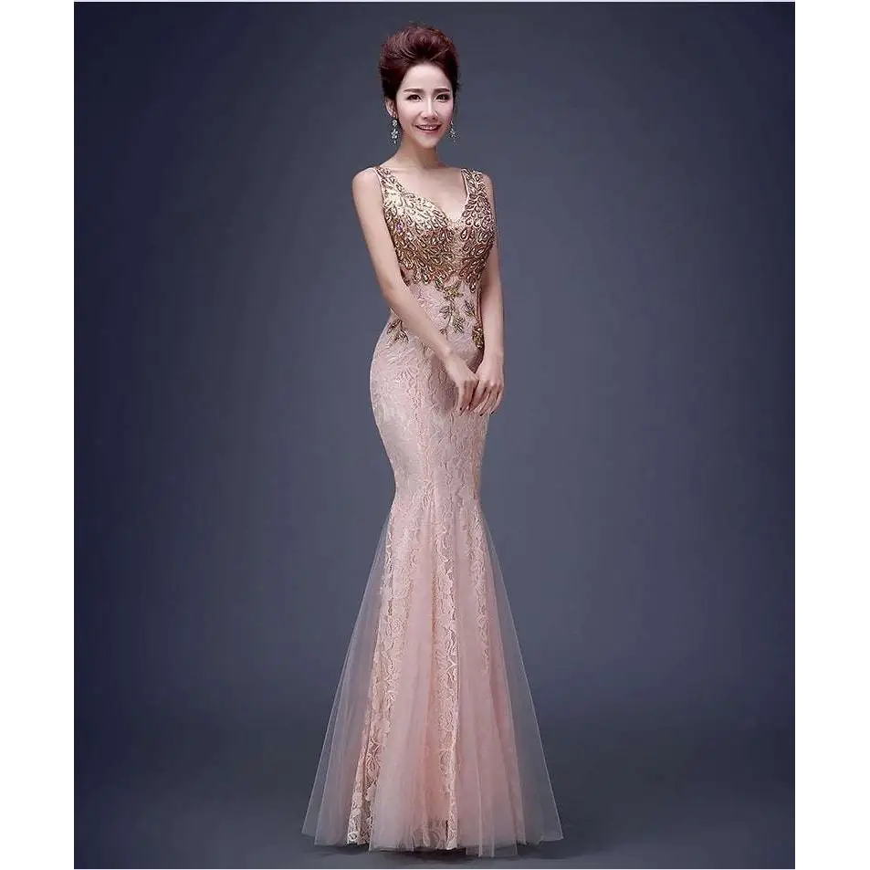 A blush pink fish tail banquet evening dress with red gold beaded lace detailing and sheer tulle overlay