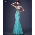 Turquoise fish tail banquet evening dress with intricate red gold beaded lace and beading detailing on bodice and sides