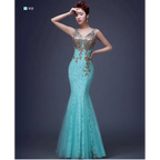 Turquoise fish tail banquet evening dress with intricate red gold beaded lace and beading detailing on bodice and sides