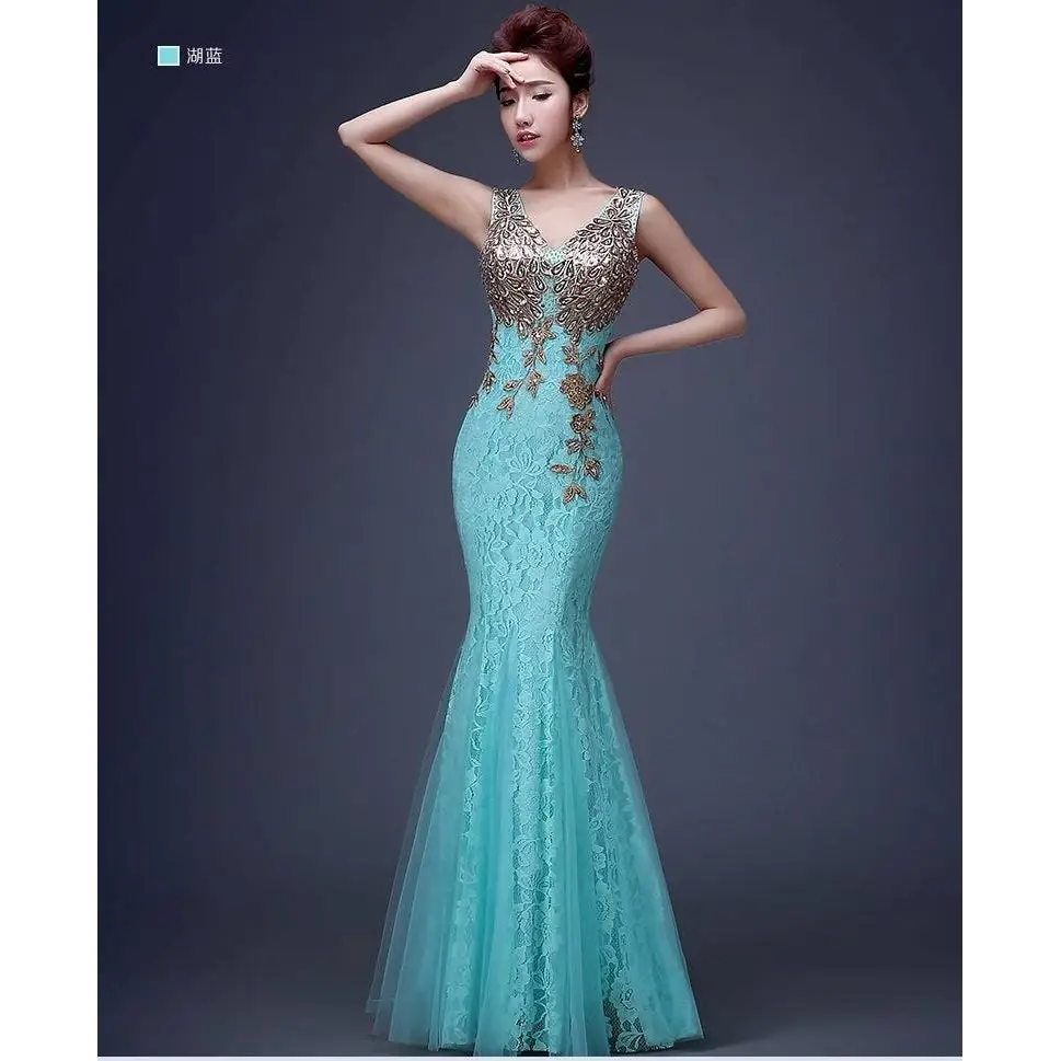 Turquoise fish tail banquet evening dress with intricate red gold beaded lace and beading detailing on bodice and sides