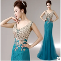Teal fish tail banquet evening dress with red gold beaded embroidered bodice perfect for formal events