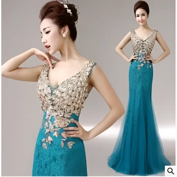 Teal fish tail banquet evening dress with red gold beaded embroidered bodice perfect for formal events