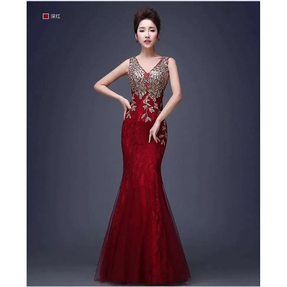 Deep red gold beaded fish tail banquet evening dress with intricate gold embroidery along v neckline and sides