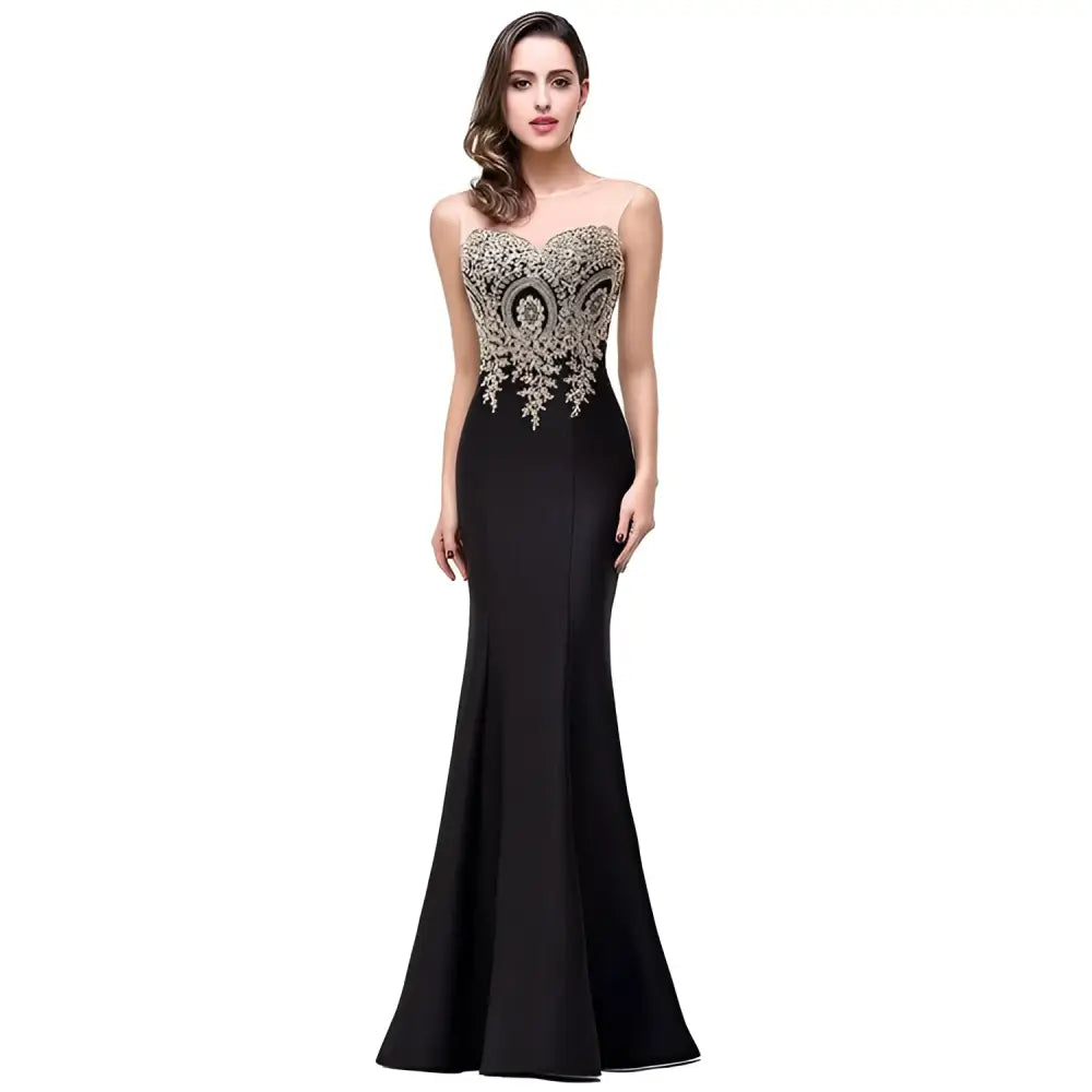 Black fishtail skirt evening gown with intricate silver beading and embroidery on the bodice, elegant design