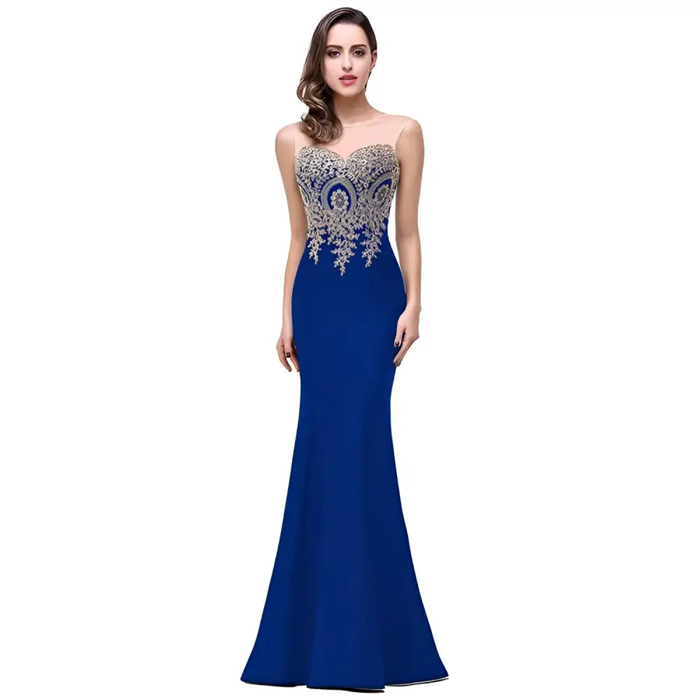A royal blue fishtail skirt evening gown with sweetheart neckline and intricate silver beaded embroidery on bodice