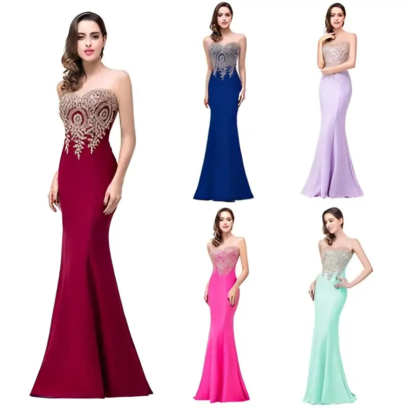 A strapless deep red red gold beaded fishtail skirt evening gown with intricate gold beading on the bodice