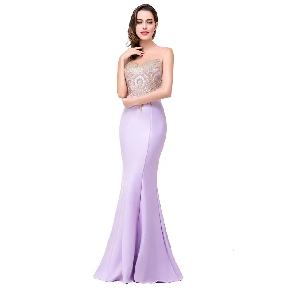 Lavender mermaid-style skirt evening gown with red gold beaded strapless bodice and flowing chiffon skirt