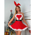 Red heart christmas red halter dress with white fur trim heart cutout and black belt for festive occasions