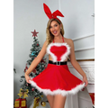 Red heart chiristmas red halter dress with white fur trim heart-shaped bust cutout and black belt with silver buckle