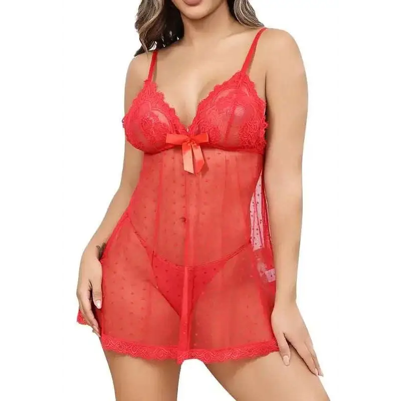 Red lace babydoll chemise with sheer polka dot overlay and delicate spaghetti straps for womens sexy lingerie