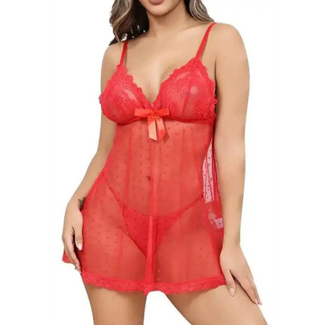 Red lace babydoll chemise with sheer polka dot overlay and delicate spaghetti straps for womens sexy lingerie
