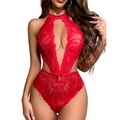 Red lace bodysuit teddy lingerie xxl with halter neckline and deep front cutout made from delicate lace fabric