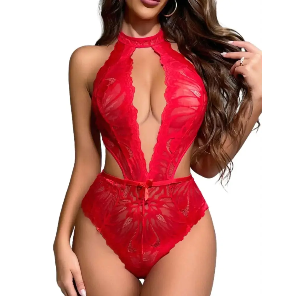 Red lace bodysuit teddy lingerie xxl with halter neckline and deep front cutout made from delicate lace fabric