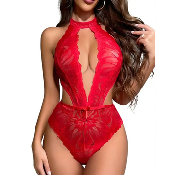 Red lace bodysuit teddy lingerie xxl with halter neckline and deep front cutout in vibrant red lace material