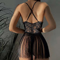 Black lace sling night skirt with fringed hem and crisscross back straps in a red lace night skirt suit
