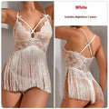 White lace night skirt suit with crossed shoulder straps and fringed hem in red lace sling night skirt style