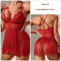 Wine red lace sling night skirt suit featuring fringe detailing and adjustable straps for elegant nightwear