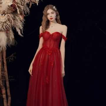 Red lace off shoulder wedding toast dress featuring shimmering red lace and a flowing tulle skirt for host annual events
