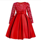 A vibrant red lace princess dress with long sleeve satin skirt and waist bow for children
