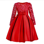 A vibrant red lace princess dress with long sleeve satin skirt and matching bow at the waist for children