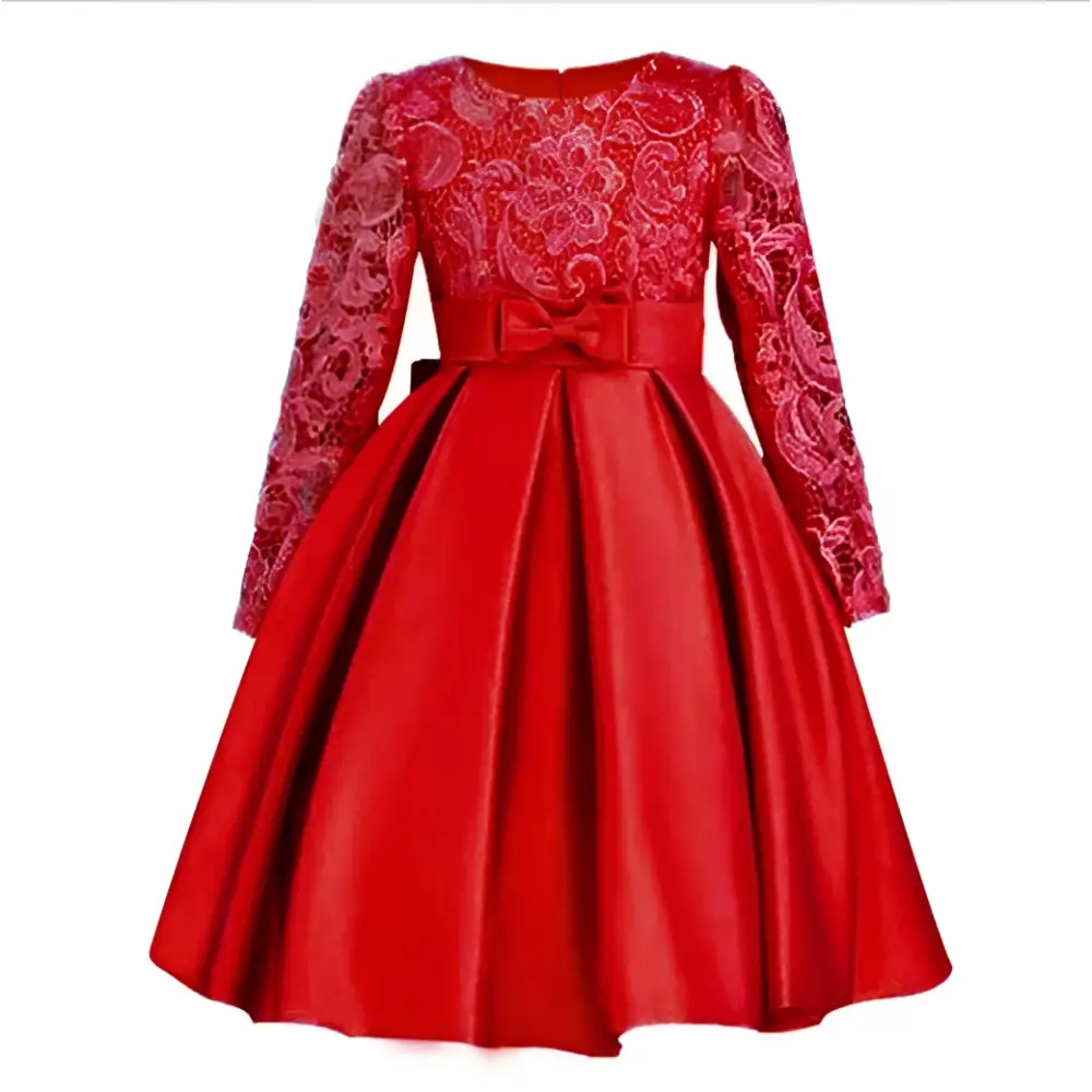 A vibrant red lace princess dress with long sleeve satin skirt and matching bow at the waist for children