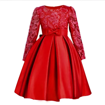 A vibrant red lace princess dress with long sleeve satin skirt and matching bow at the waist for children
