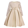 Beige lace princess dress long sleeve satin skirt with matching bow belt featuring elegant design