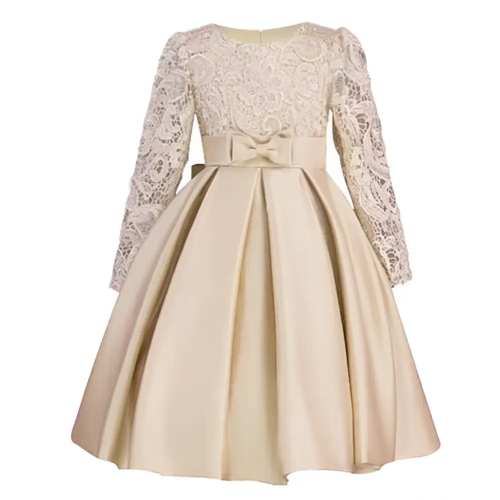 Beige lace princess dress long sleeve satin skirt with matching bow belt featuring elegant design