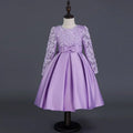 Lavender lace and satin princess dress long sleeve with floral embroidery and bow waist for girls