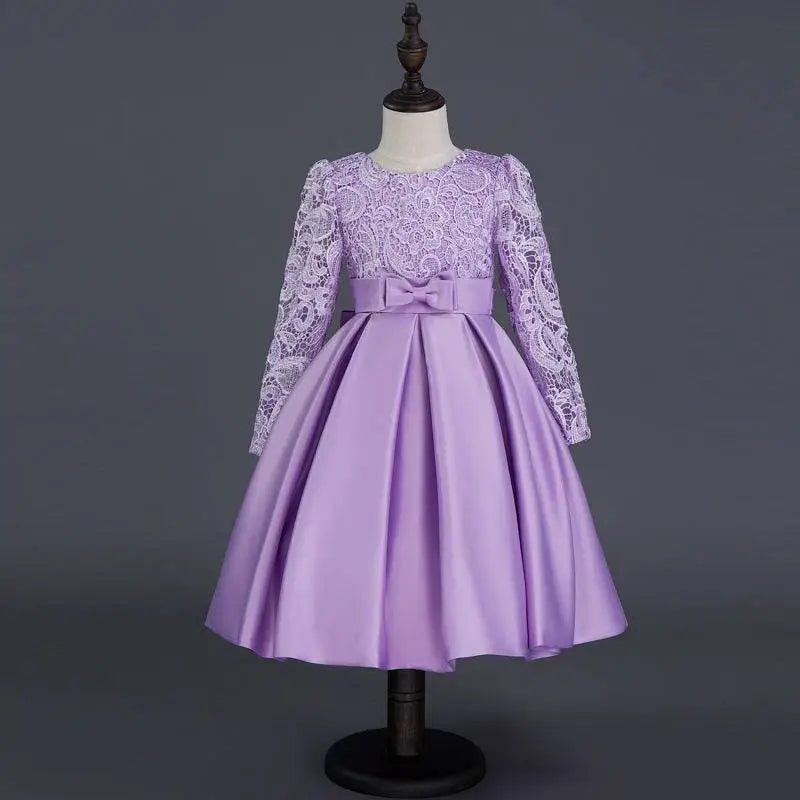 Lavender lace and satin princess dress long sleeve with floral embroidery and bow waist for girls
