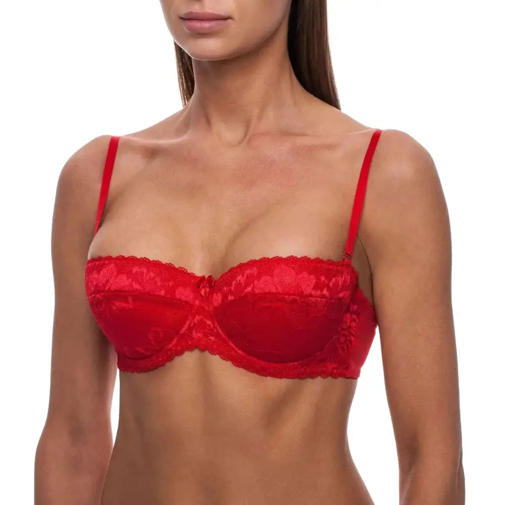 Red lace sexy bandeau bra push up 36A with thin straps and satin-like fabric finish for elegant support