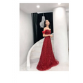 A deep red lace slim slimming bridal evening dress with shimmering red off-the-shoulder floral embroidery and train