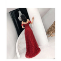A shimmering red off-the-shoulder lace slim slimming bridal evening dress with intricate detailing and floor-length silhouette