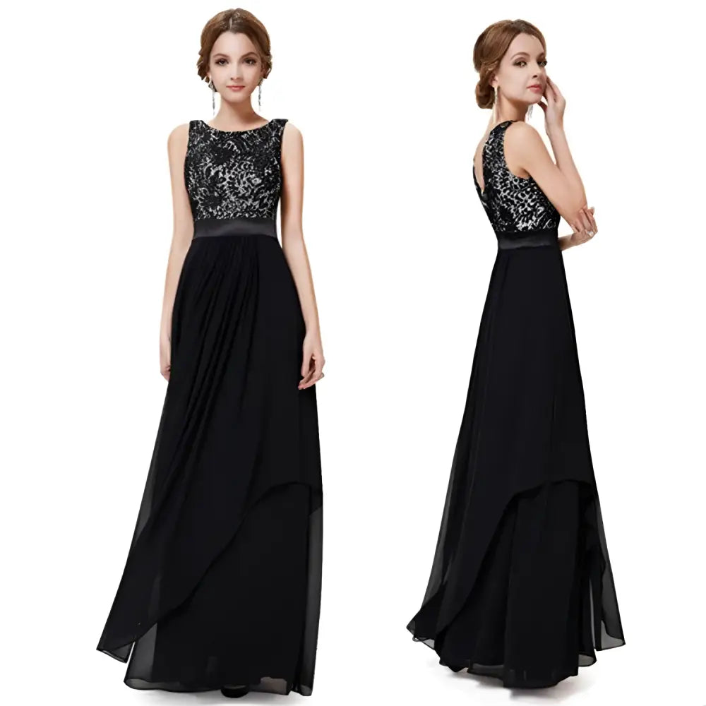 Elegant black evening gown featuring a lace spliced chiffon bodice and a flowing chiffon skirt for formal occasions