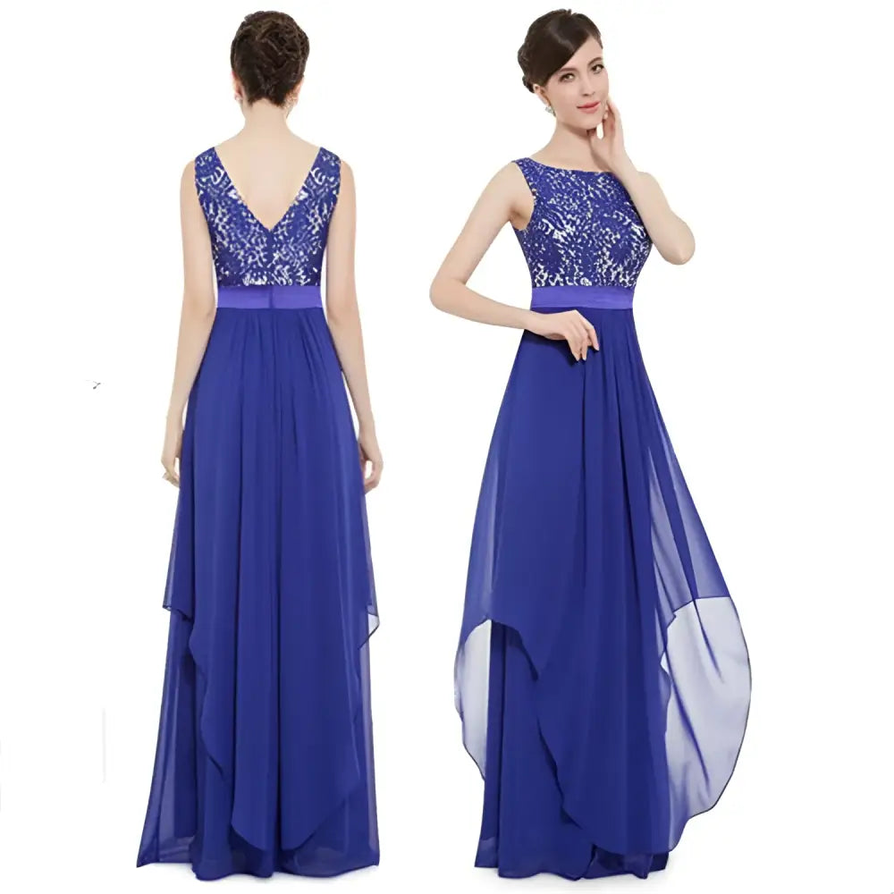 A royal blue lace spliced chiffon gown with a lace bodice and flowing chiffon skirt for evening wear
