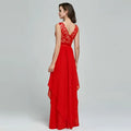 A vibrant red lace spliced chiffon evening gown featuring a lace bodice and flowing chiffon skirt