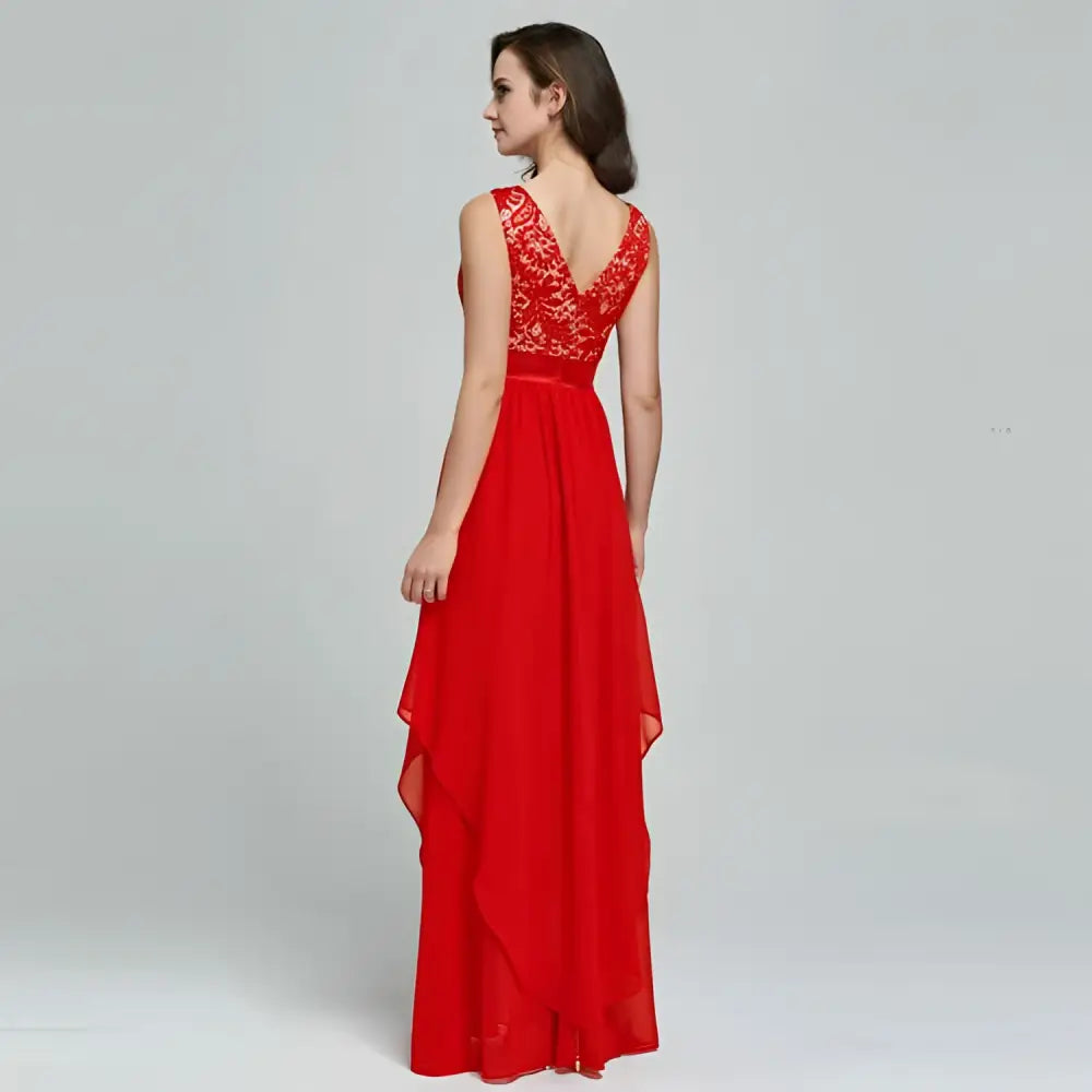 A vibrant red lace spliced chiffon evening gown featuring a lace bodice and flowing chiffon skirt