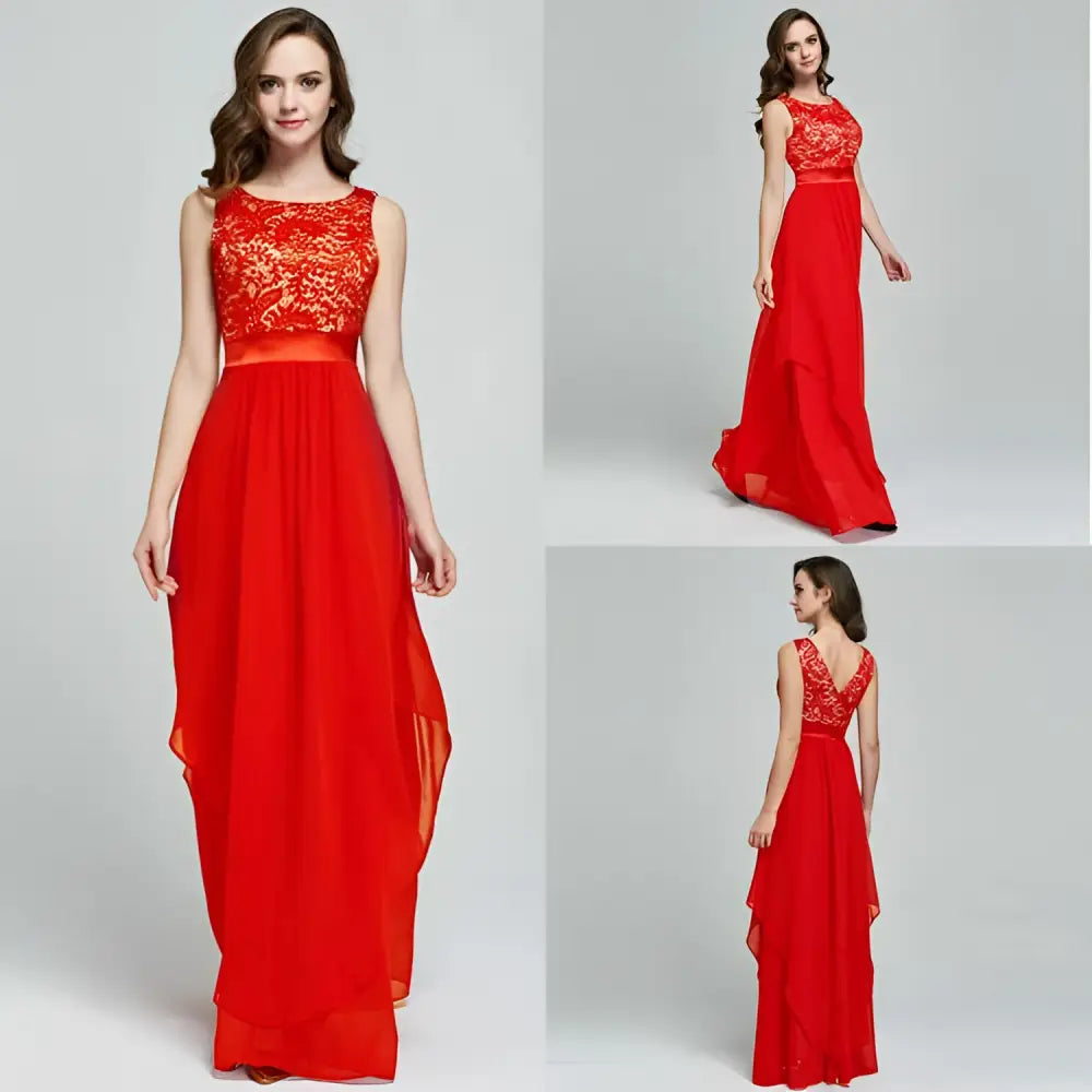 A vibrant red lace spliced chiffon gown featuring an intricate lace bodice and a flowing chiffon skirt
