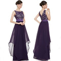 Elegant purple lace spliced chiffon gown featuring a lace bodice and flowing chiffon skirt for evening wear