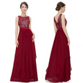 A deep red lace spliced chiffon gown featuring a lace bodice and flowing chiffon skirt for elegant evening wear