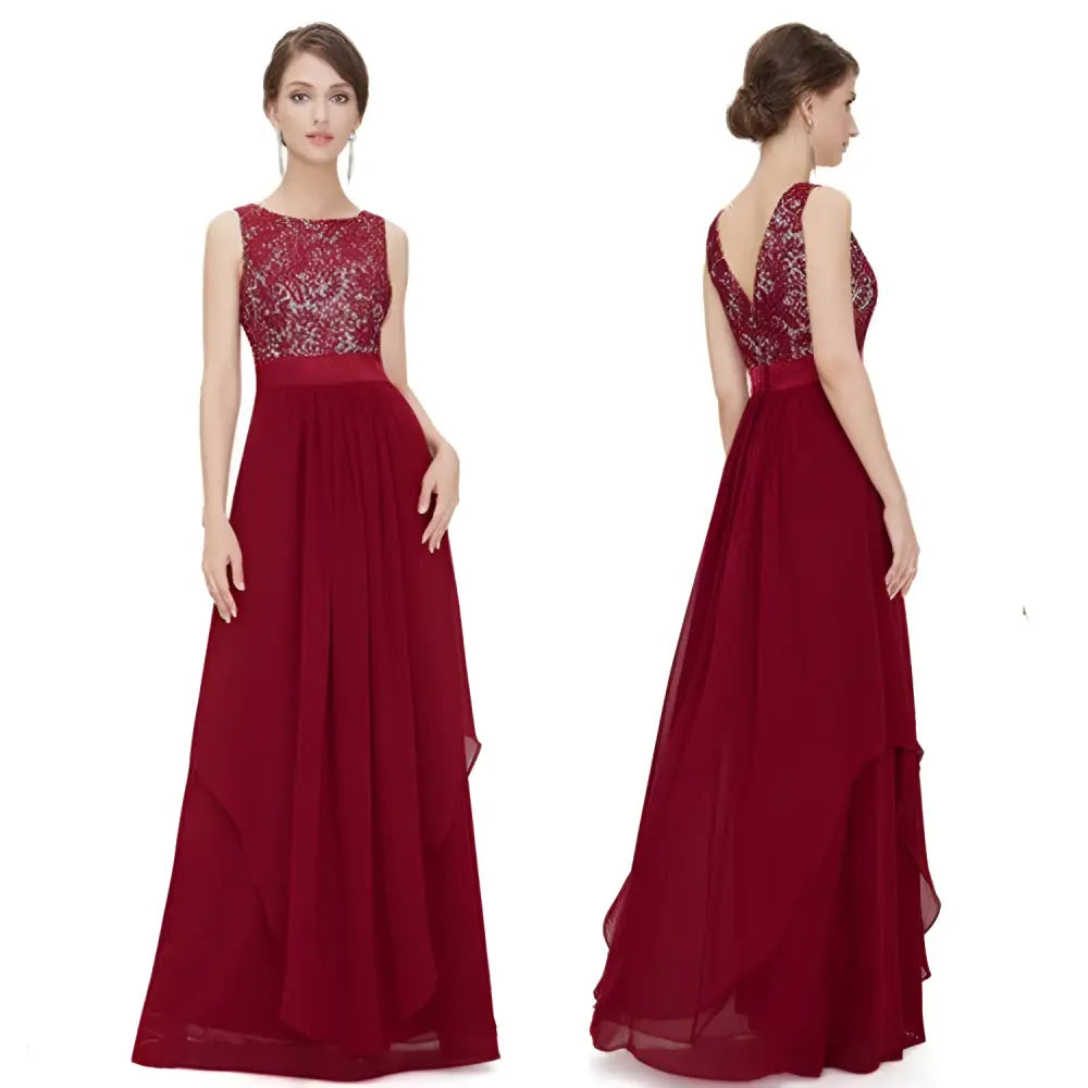 A deep red lace spliced chiffon gown featuring a lace bodice and flowing chiffon skirt for elegant evening wear