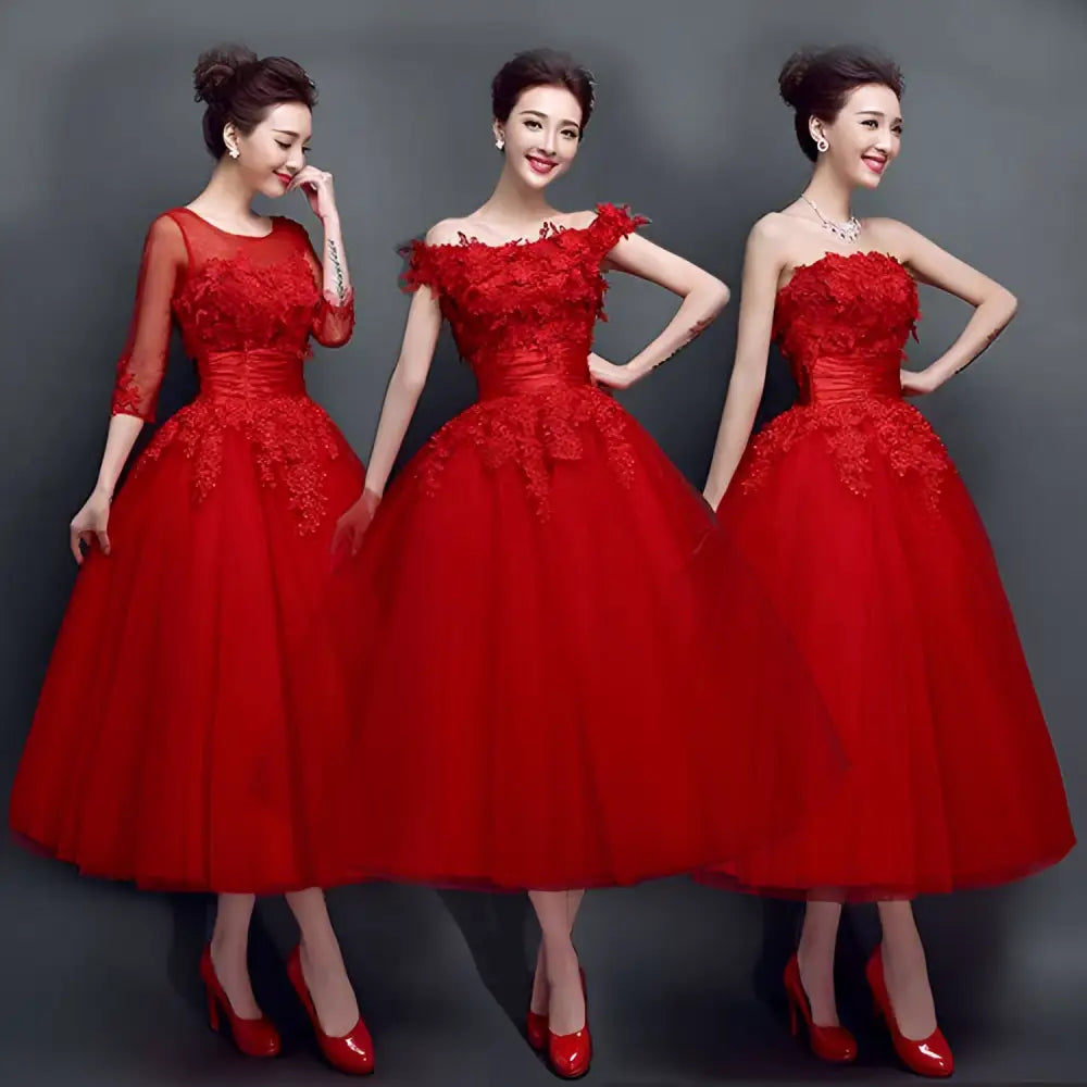 Three women in red lace upscale wedding evening dresses featuring intricate lace detailing and coordinated red heels