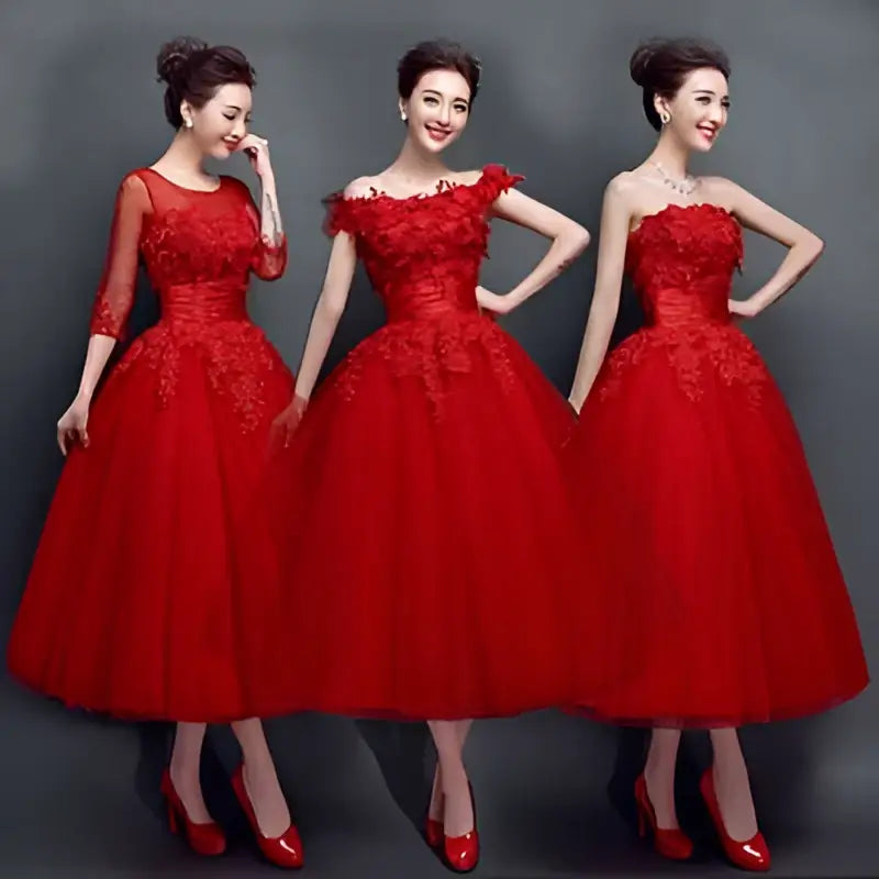 Three women in red lace upscale wedding evening dresses featuring intricate lace detailing and coordinated red heels