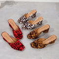 Leopard square toe mule sandals in red leopard square black and white and tan brown with summer block heels
