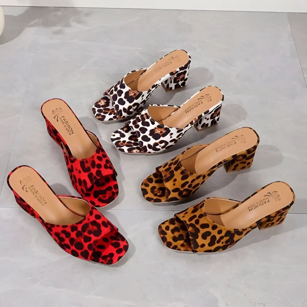 Leopard square toe mule sandals in red leopard square black and white and tan brown with summer block heels