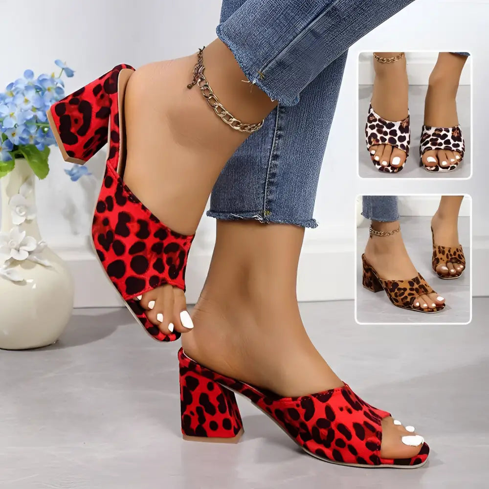Red leopard square toe mule sandals with block heels featuring a bold leopard print for summer wear