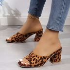 Red leopard square toe mule sandals with leopard print, chunky block heels, and open-toe design for summer wear